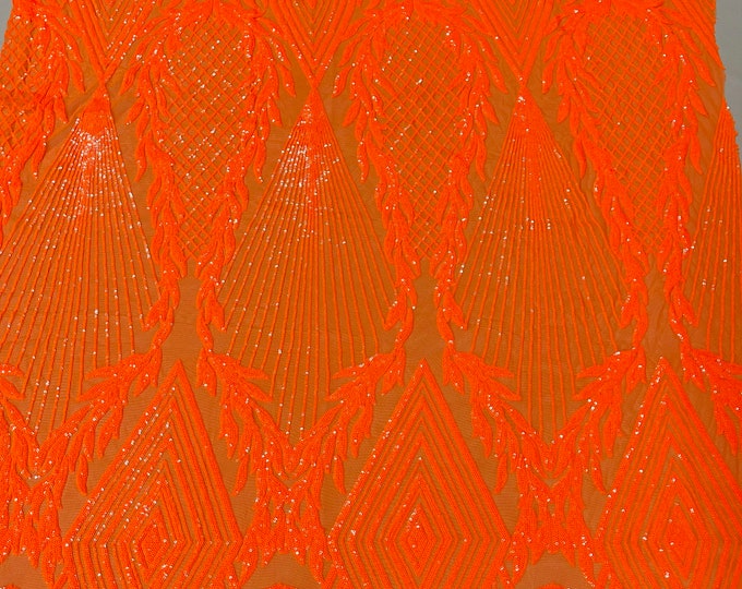 Neón Orange Sequin Fabric, Geometric Royalty Design Embroidered With Sequin on a 4 Way Stretch Sequin Fabric Mesh-Prom-Gown By The Yard