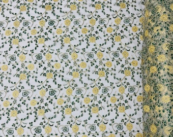 Gold Floral Embroidered Lace Fabric: Green Leaves on White Tulle