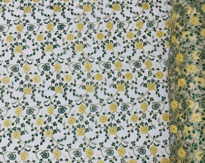 Metallic Gold Flowers With Green Leaves Embroidered on White Tulle, Corded Lace Fabric by the yard, Multi Colors Floral Design (Pick a Size)