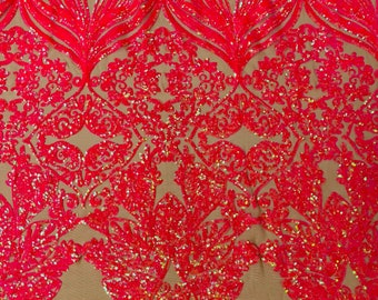 Hot Pink Iridescent Sequin Fabric - by the yard - On Nude Mesh, Camila Design 4 Way Stretch Sequins Fabric, Lace sequins Prom-Gown