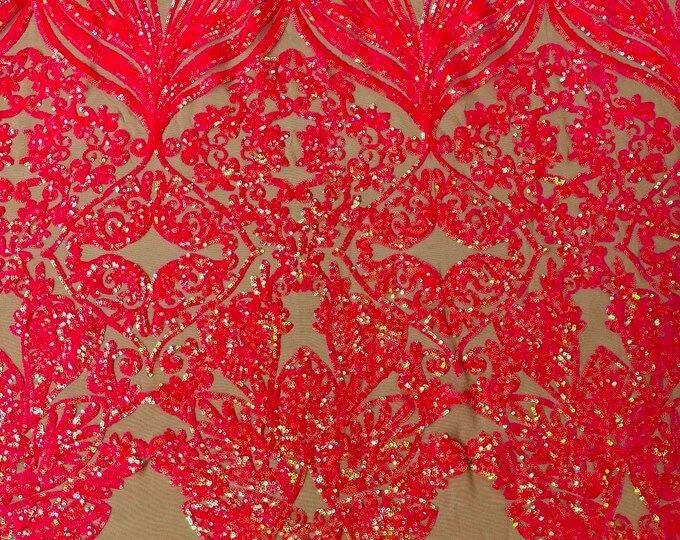 Hot Pink Iridescent Sequin Fabric - by the yard - On Nude Mesh, Camila Design 4 Way Stretch Sequins Fabric, Lace sequins Prom-Gown