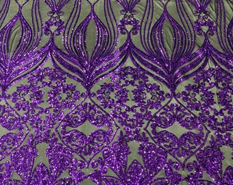 Purple Sequin Fabric on Black Mesh – 4 Way Stretch, Prom Gown Lace