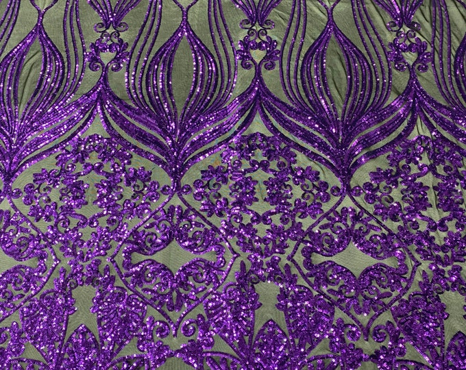 Purple Sequin on Black Mesh - Camila Design 4 Way Stretch Sequins Fabric, Lace sequins Prom-Gown (Choose The Size)