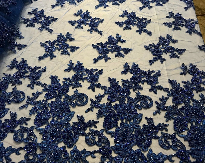 Royal Blue Floral Design Beaded Fabric - by the yard - Embroidered With Pearls and Beads on Mesh Lace Fabric