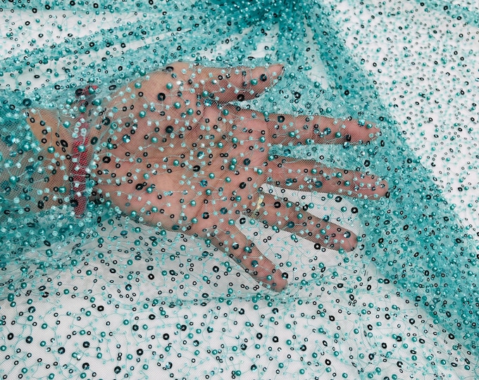 Teal Green Beaded Sequin Mesh Lace Fabric, Rain Design Embroidery By The Yard