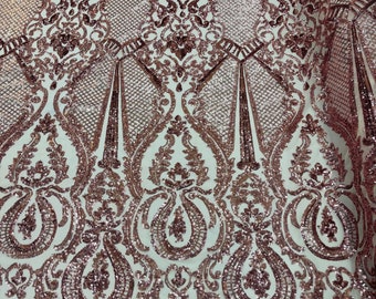 Pink Sequin Lace Fabric: Damask Embroidered Mesh, 4-Way Stretch