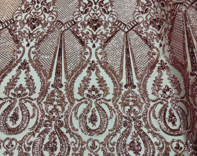 Pink Sequin Lace Fabric by the yard - DAMASK Design Embroidered on Mesh 4 way Stretch Sequins-Prom-Gown