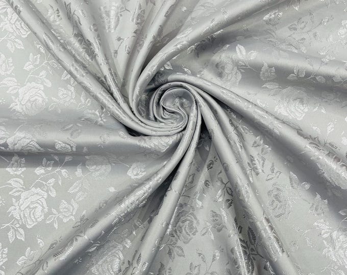 Floral Brocade Jacquard Satin Fabric: Silver Polyester, 58/60" Wide, Sold By The Yard