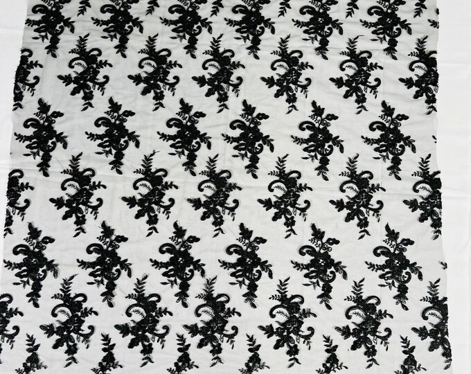 Black Floral Lace Fabric, by the yard Embroidery With Sequins on a Mesh Lace Fabric For Wedding-Bridal