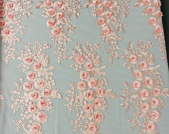 Pink 3D Floral Lace Fabric: Rhinestone Flower Appliques, 52" Wide by the yard