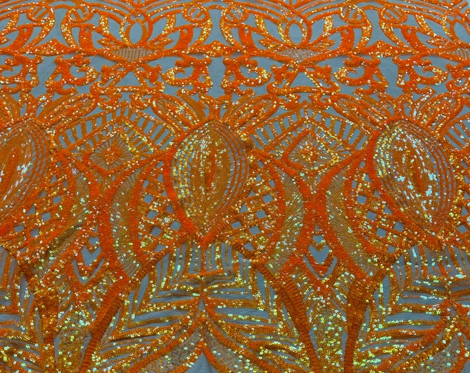 Orange Iridescent Sequin Fabric - by yard - On Nude Power Mesh, Royalty Design 4 Way Stretch Sequins Fabric Prom-Gown