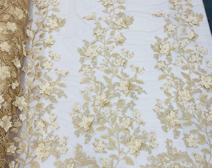 Champagne 3D Floral Design Embroider and Beaded With Pearls On a Mesh Lace-Prom-Dresses-Nightgown-Apparel-Fashion By The Yard