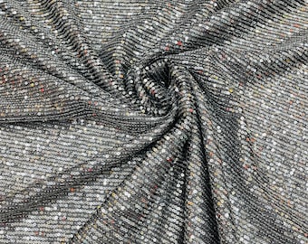 Silver/Black Mesh, Mille Striped Stretch Sequins Lace Spandex Mesh-Prom-Gown By The Yard, Formal Wedding Couture Fabric Sequin Fabric