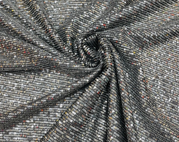 Silver/Black Mesh, Mille Striped Stretch Sequins Lace Spandex Mesh-Prom-Gown By The Yard, Formal Wedding Couture Fabric Sequin Fabric
