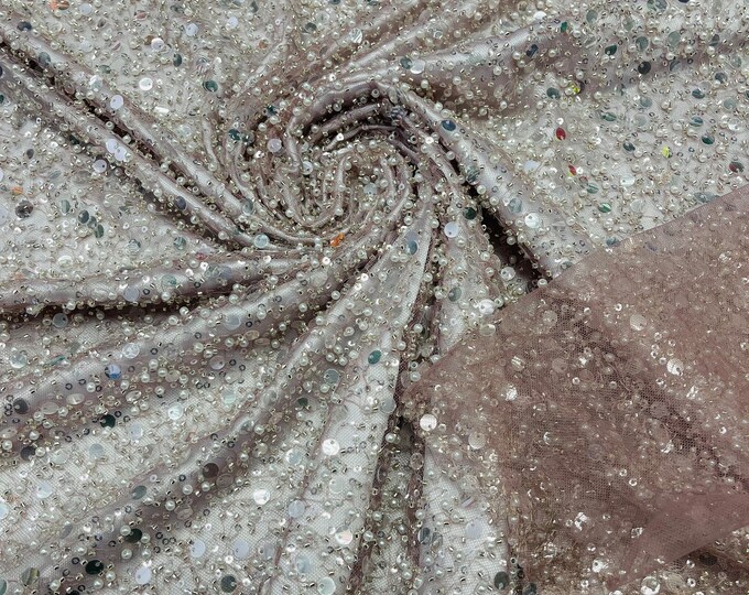 Dusty Rose Sequin Pearl Beaded Lace Fabric, by the yard Wedding Mesh Fabric, High Quality Embroidered Sequins Pearl Beaded Fabric