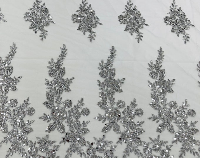 Silver Floral Pattern Beaded Fabric - Embroidered Beaded & Sequins Wedding Bridal Fabric | Lace Beaded | Sold By The Yard