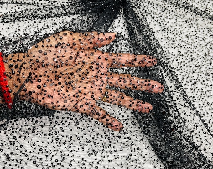Black Beaded Sequin Mesh Lace Fabric, Rain Design Embroidery By The Yard