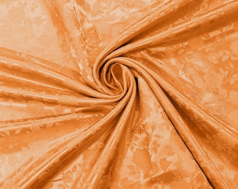 Orange Flower Brocade Jacquard Satin Fabric, Sold By The Yard Polyester Satin Floral Wide 58/60"  (Choose The Quantity)