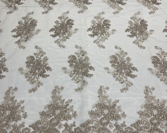 Coffee Floral Embroidery Lace Fabric, Scalloped Edge Mesh, Bridal Gown By The Yard
