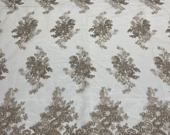 Coffee Floral Lace Fabric, Embroidery on a Mesh Lace Fabric By The Yard For Gown, Wedding-Bridal-Dress
