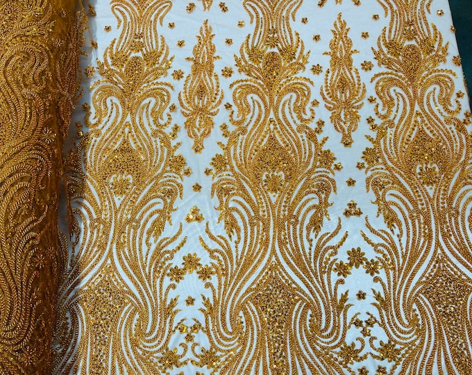 Copper/Orange Floral Design - by the yard - Beaded Fabric, Embroidered With Pearls and Beads on Mesh Lace Fabric