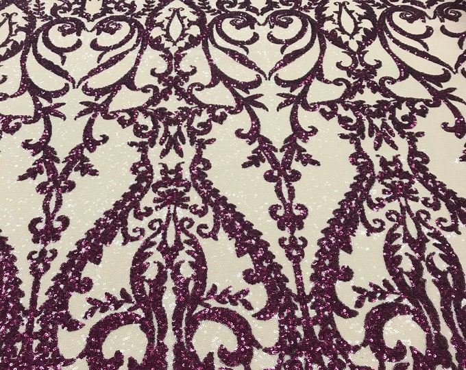 Two Tone Magenta Sequins Lace Fabric On Mesh Damask Design Embroidered On 4way Stretch Sequin By The Yard -Prom-Gown ( Choose The Size )