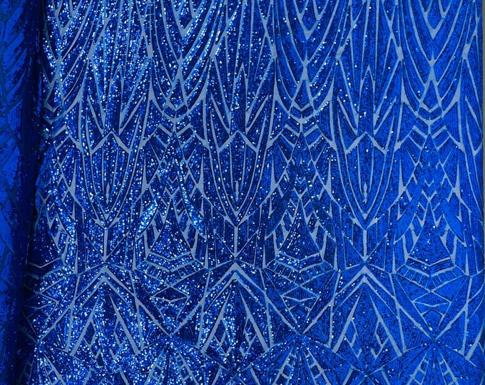 Royal Blue Sequins Fabric- Geometric Design 4 Way Stretch Sequin Fabric Sold By The Yard