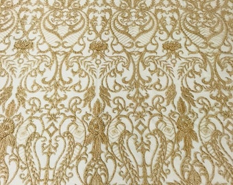 Honey Gold Damask Fabric: Beaded Embroidered Mesh, Bridal Wedding Fabric