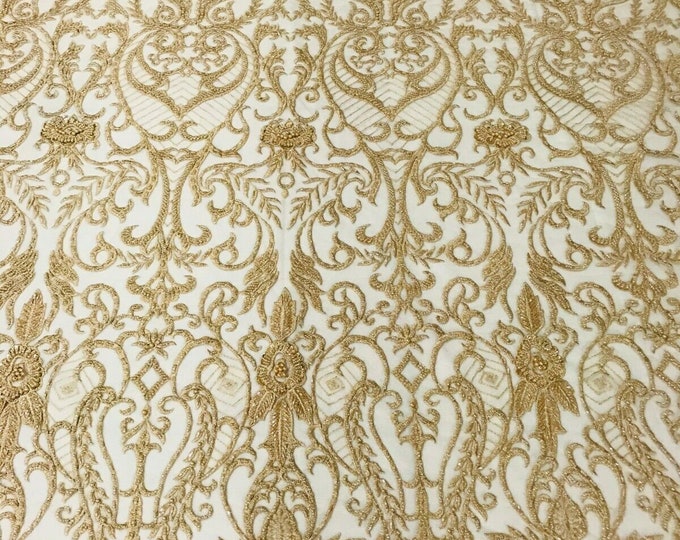 Glam Damask Beaded Fabric, Honey Gold - Embroidered Fashion Fabric with Beads Wedding Bridal Sold By Yard