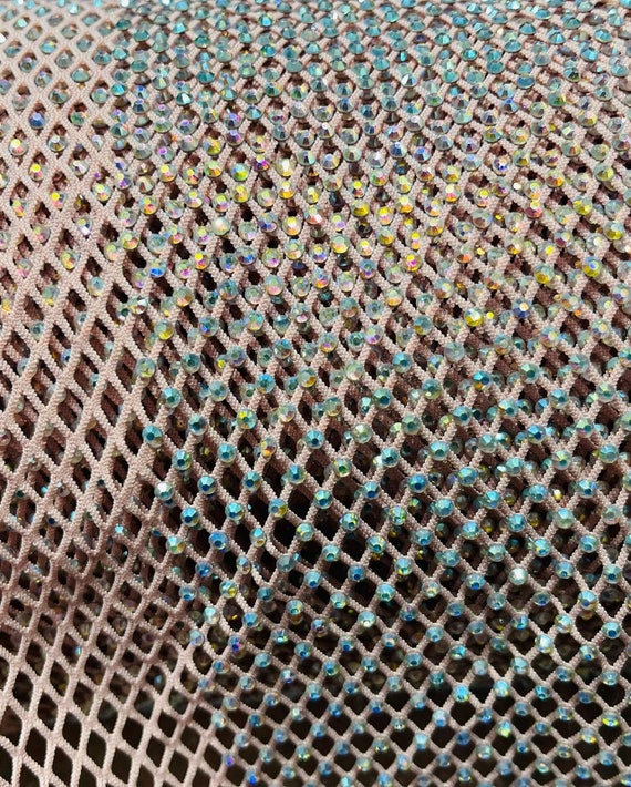 Iridescent Rhinestones Fabric on Blush Stretch Net Fabric, Spandex Fish Net  With Crystal Stones Sold by the Yard 
