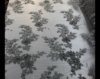 Silver  Beaded Sequins Fabric, Embroidery With Beaded Sequin on a Mesh, Floral Bridal Lace Fabric by the yard (Pick a size )
