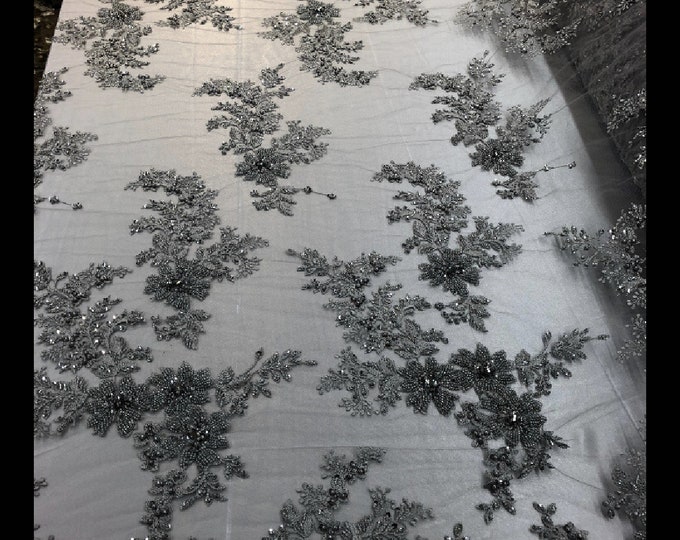 Silver  Beaded Sequins Fabric, Embroidery With Beaded Sequin on a Mesh, Floral Bridal Lace Fabric by the yard (Pick a size )
