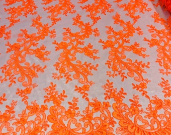 Neon Orange Floral Sequin Lace Fabric, Embroidered Mesh, Bridal Gown