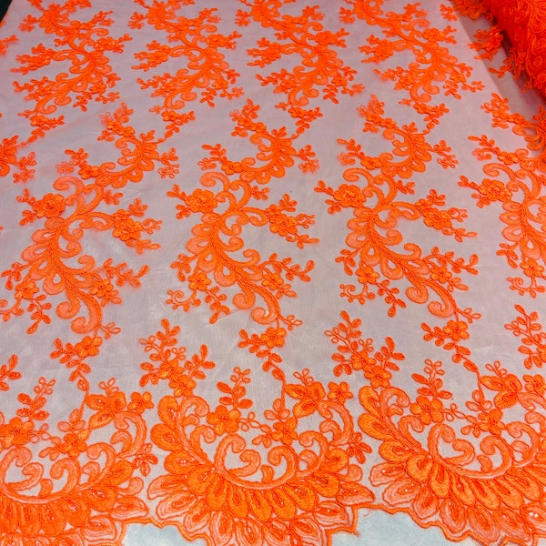 Neon Orange Floral Lace Fabric, Embroidery With Sequins on a Mesh Lace Fabric By The Yard For Gown, Wedding-Bridal (Choose The Quantity)