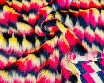 Yellow Red Black Faux Fur Fabric By The Yard - Faux Fake 3 Tone Decoration Soft Furry Fabric 60" Wide