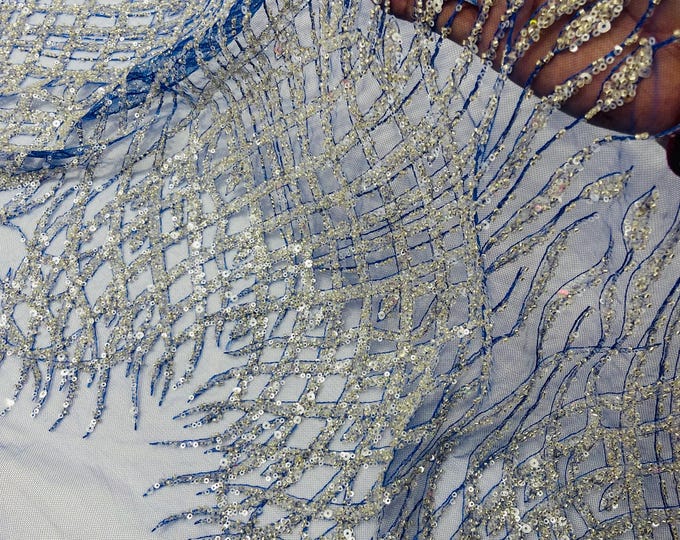 Royal Blue Beaded Fabric by the yard, Bridal Heavy beaded, Damask Pattern With Beads and Sequin, Appliqué lace for bridals,weddings,prom