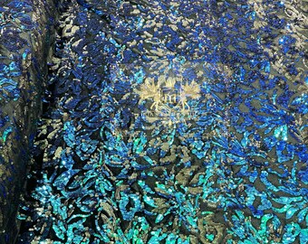 Iridescent Green/Black Sequins Flip Two Tone, Floral Design on Black Stretch Velvet By The Yard