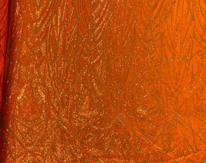 Orange Iridescent Sequin Fabric - Geometric Design 4 Way Stretch Sequins Fabric Sold By The Yard