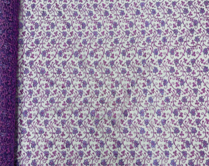 Metallic Lilac Corded Lace Fabric by the yard - Flower Design Embroidered on Mesh Lace Fabric Floral, (Pick a Size)