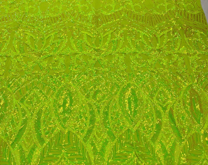 New Iridescent Neon Green Sequins on Mesh, Royalty Design on a Mesh 4way Stretch Sequin-Prom-Gown By The Yard