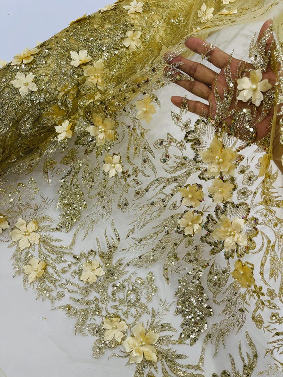 gold floral mesh dress Glitter Mesh, Glitter 3D Flower Sequin Fabric, Wedding Dresses & Quinseñera Purple Collection