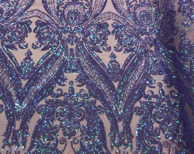 Iridescent Lilac Sequins Fabric - 4 Way Stretch Fancy Big Damask Design Sequins on Spandex Mesh Prom Gala Gown Fabric By The Yard