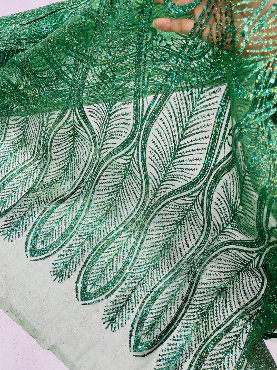 Hunter Green Glitter Sequin on Mesh Lace Fabric by the Yard for Wedding ...
