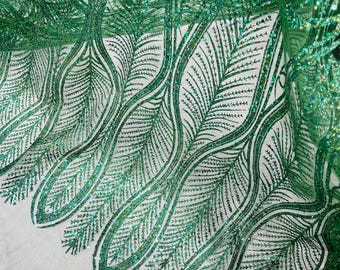 Hunter Green Glitter Sequin on Mesh Lace Fabric By The Yard for Wedding Decor, Damask Glitter Sequin Fabric Bridal/Prom, Shimmer Glitter