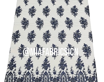 Navy Beaded Lace Fabric: Embroidered Leaf Design, Bridal Wedding Fabric