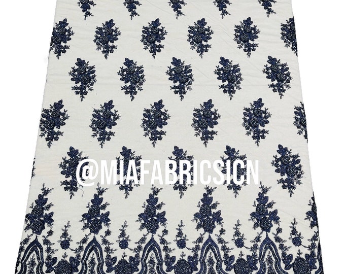 Navy Beaded Fabric Embroidered on a Mesh | Fashion Design Beads and Sequins | Beaded Lace | Beaded Wedding | Bridal Lace Fabric by the yard