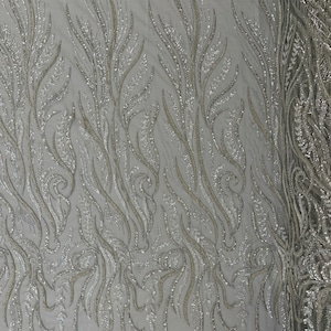 Silver Beaded Lace Fabric: Embroidered Floral Mesh, Bridal Gown Material by the yard