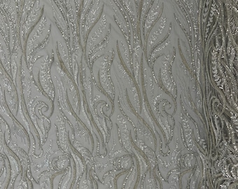 Silver Beaded Lace Fabric: Embroidered Floral Mesh, Bridal Gown Material by the yard