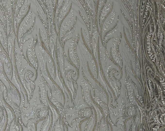Silver Beaded Fabric by the yard, Embroidered With Beaded Sequin on a Mesh, Floral Bridal Lace Fabric (Pick a size )