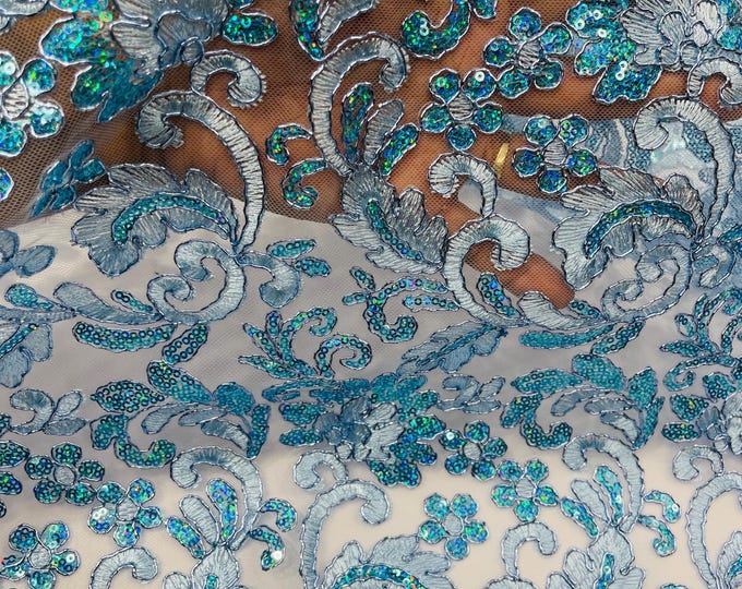 Blue Metallic Corded Flower Lace Fabric by the yard: Embroider With Holographic Sequins Fabric